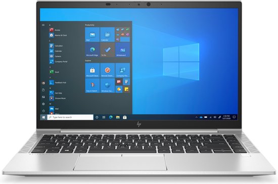 Zilveren HP EliteBook laptop met Windows 10 startmenu en toetsenbord.