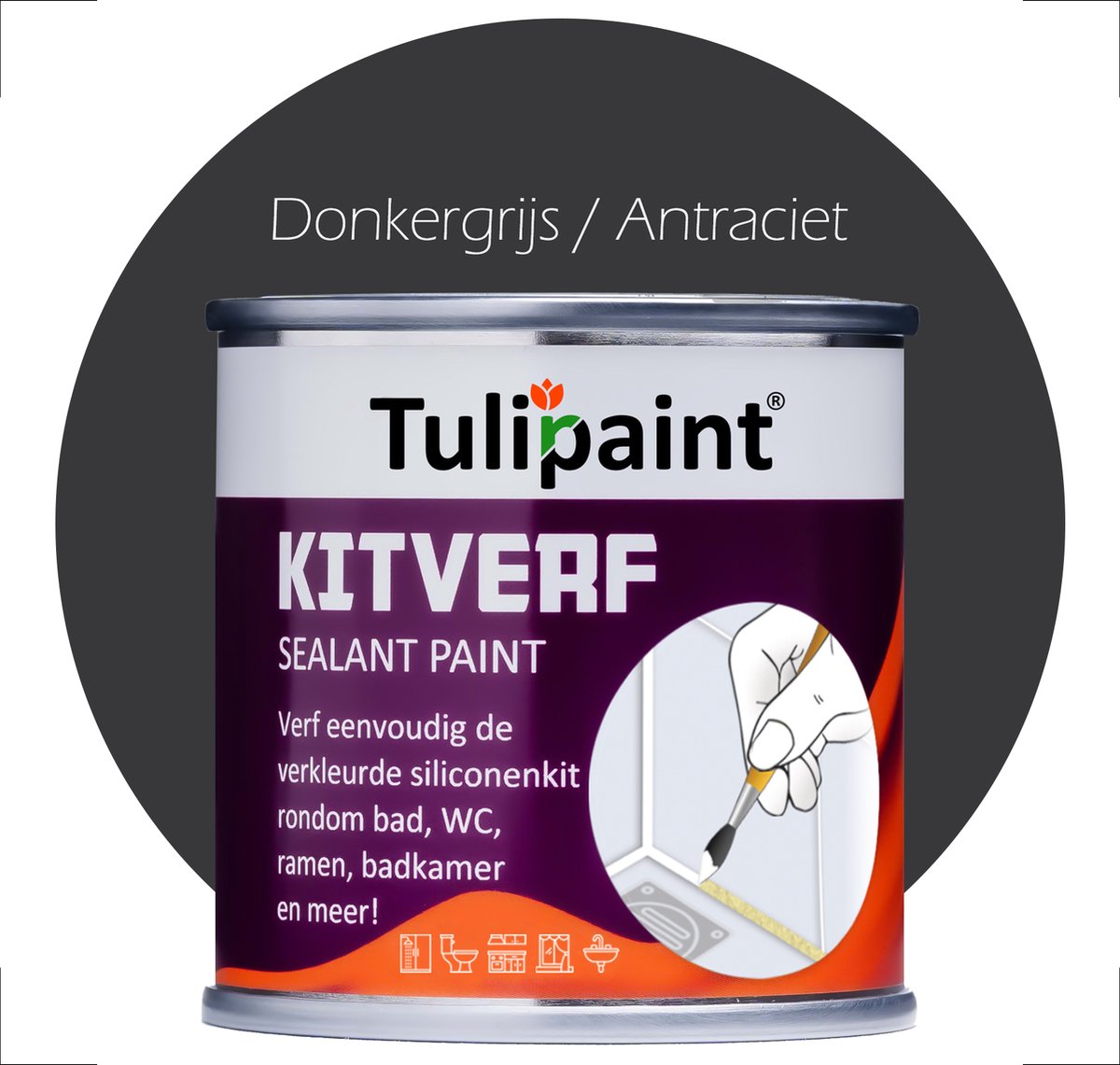 Tulipaint Kitverf (Donkergrijs / Antraciet) - Kit verven - Siliconenkit verven schilderen - Kitstift - Kitranden vieze verkleurde gele vergeelde Kit schoonmaken reinigen reiniger - Kitreiniger