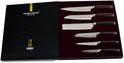 Luxe Shinrai Japan geschenkdoos met daarin zes keukenmessen met hamer-look lemmet en donkerhouten handvatten.