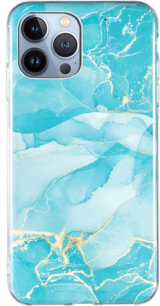 iPhone 14 PLUS Hoesje - Siliconen Back Cover - Marble Print - Blauw Marmer - Provium