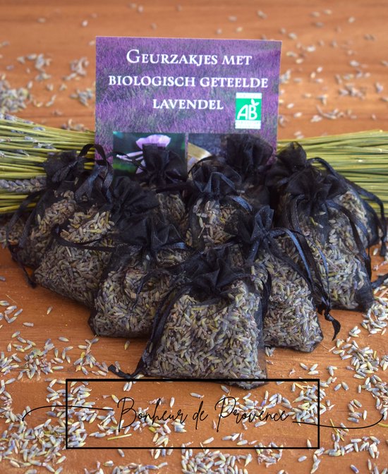 Bonheur de Provence - Geurzakjes lavendel - biologische lavendel - 10 zwarte organza zakjes - 6 gram per zakje