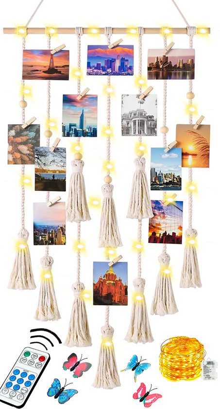 Macramé Wandkleed Fotokader met LED Afstandsbediening Lichtslinger - Handgemaakt Fotorek Memobord - Fotolijst Collage Kaartenhouder - Boho Woonkamer Fotohouder - Woonkamer Wanddoek Tapestry Fotoslinger -Slaapkamer Fotoslinger - Fotodraad Decoratie