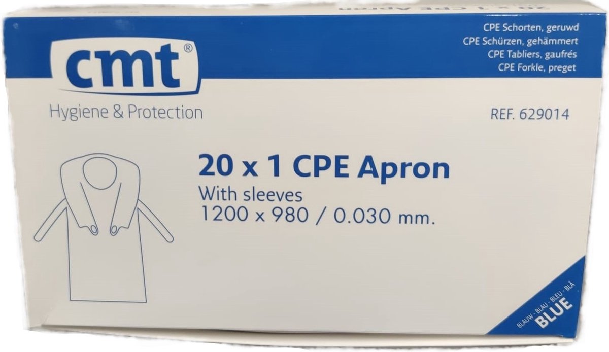 disposable schort lange mouw CPE geruwd 30 mu polyethyleen 118 x 190 cm blauw 1 doos á 20 schorten