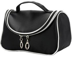 Fako Fashion - Make Up Tasje Met Spiegel - Cosmetica Organizer - Toilettas - Zwart Met Zilveren Bies