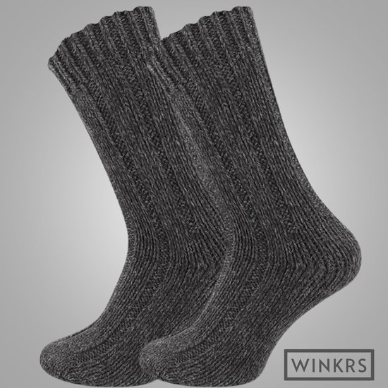 Warme Wollen Noorse Sokken - 2 paar - maat 35-38 - Zwart & Grijs - Dikke Huissokken met Schapenwol, Wintersokken voor dames en kinderen - Winkrs