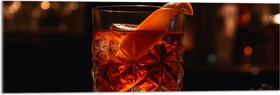 Acrylglas - Glas - Drinken - Alcohol - Ijsklontjes - Fruit - Sinaasappel - 90x30 cm Foto op Acrylglas (Wanddecoratie op Acrylaat)