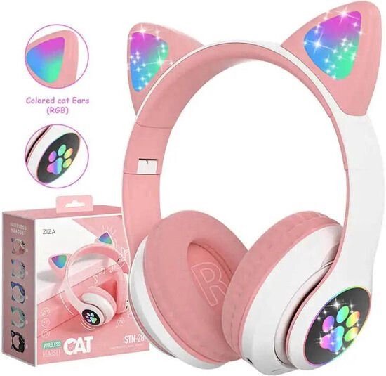 ZIZA-Kinder Hoofdtelefoon-Draadloze Koptelefoon-Kids Headset-Over Ear-Bluetooth-Microfoon-Katten Oortjes-Led Verlichting-Roze