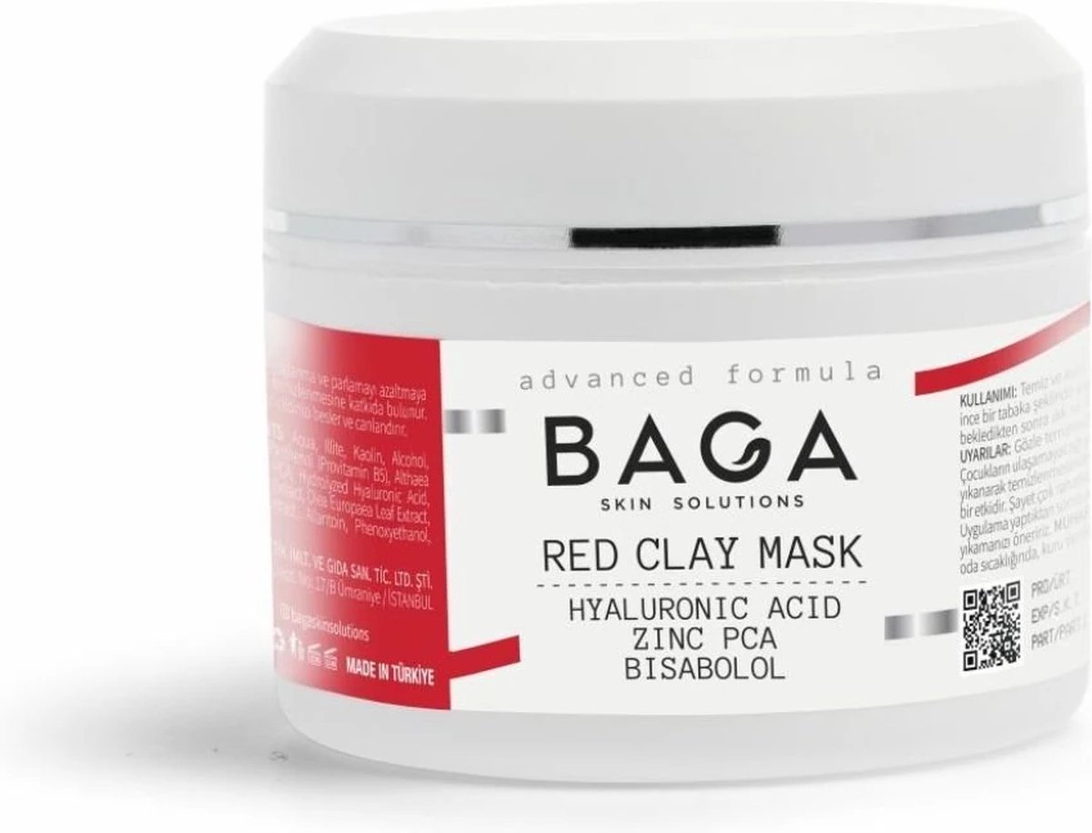 BAGA RED CLAY MASK - Rode Klei Masker - Hyaluronzuur - Zink Pca - Bisabolol