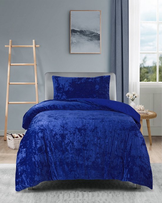 Princessdekbedovertrek Crushed Velvet -Soft Touch - Fluweel - Dekbedovertrek met Drukknopen- Eenpersoons - 140x200/220 + 1 kussensloop 60x70 - Donker Blauw