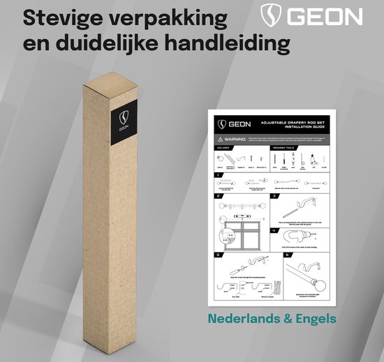 Stevige verpakking en duidelijke handleiding voor de GEON gordijnroede, in het Nederlands en Engels.