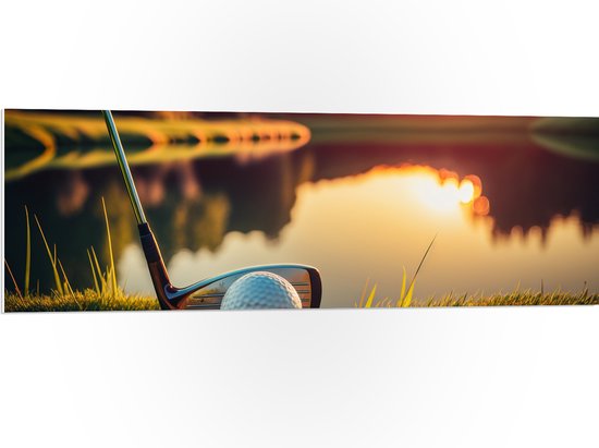 PVC Schuimplaat- Golf - Golfbal - Golfclub - Zonsondergang - Gras - Water - 120x40 cm Foto op PVC Schuimplaat