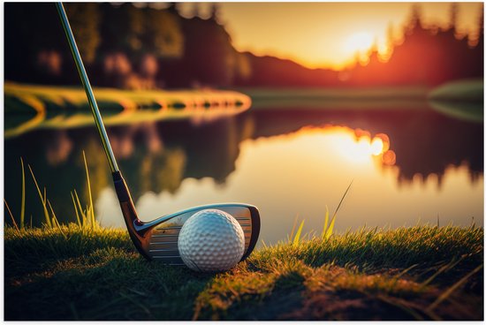 Poster (Mat) - Golf - Golfbal - Golfclub - Zonsondergang - Gras - Water - 60x40 cm Foto op Posterpapier met een Matte look