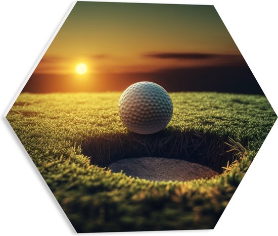 PVC Schuimplaat Hexagon - Golf - Golfbal - Zonsondergang - 40x34.8 cm Foto op Hexagon (Met Ophangsysteem)