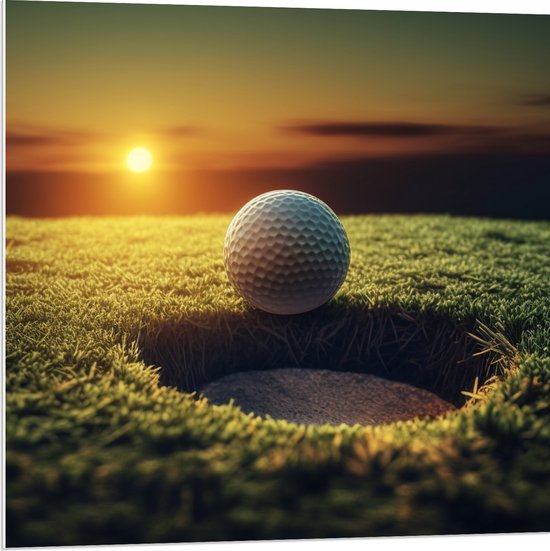 PVC Schuimplaat- Golf - Golfbal - Zonsondergang - 80x80 cm Foto op PVC Schuimplaat