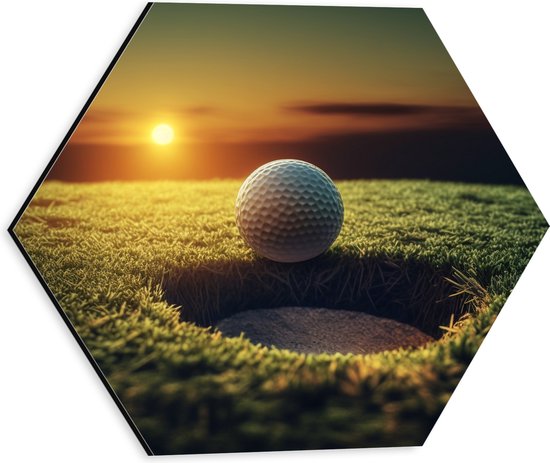 Dibond Hexagon - Golf - Golfbal - Zonsondergang - 30x26.1 cm Foto op Hexagon (Met Ophangsysteem)