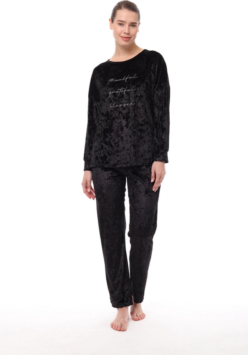 Pijadore Fluwelen Dames Pyjama Set, Lange Mouwen Zwart