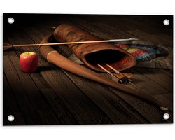 Tuinposter – Pijl - Boog - Schieten - Appel - 60x40 cm Foto op Tuinposter (wanddecoratie voor buiten en binnen)