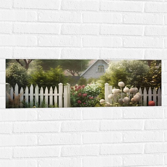 Muursticker - Huis - Achtertuin - Bloemen - Planten - Bomen - 90x30 cm Foto op Muursticker