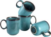 Koffiekopset, 4-delige set rokersset van aardewerk, koffiemok, blauw, 450 ml, tafelservies, moderne apparatuur, magnetron- en vaatwasmachinebestendig