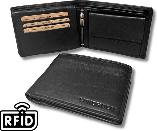 Lundholm Leren portemonnee heren zwart compact model met safety rits achter - RFID bescherming - topkwaliteit portefeuille heren cadeau voor man- mannen cadeautjes