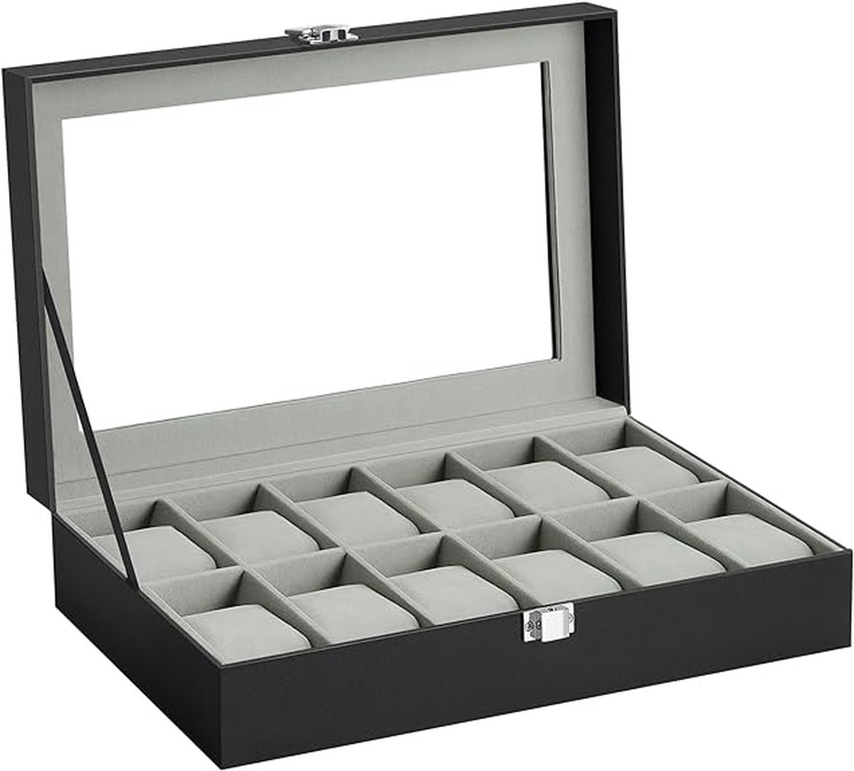 Horlogebox met 12 vakken - horlogekast met glazen deksel - Horlogedoos - Opbergbox Horloges voor Heren - Zwart Grijs