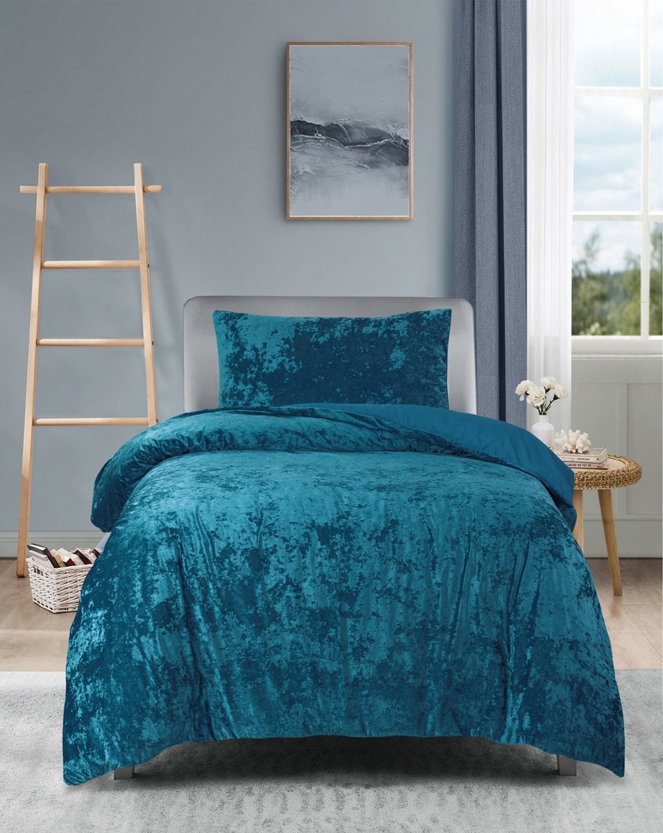 Princessdekbedovertrek Crushed Velvet -Soft Touch - Fluweel - Dekbedovertrek met Drukknopen- Eenpersoons - 140x200/220 + 1 kussensloop 60x70 –Petrol Blauw