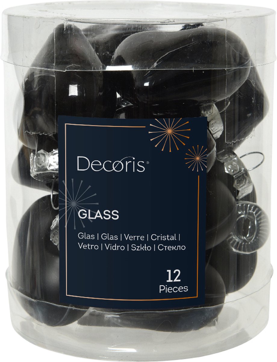 Hart glas l2b4.5h4 cm zwart 12st kerst