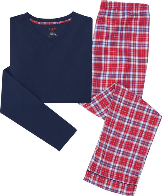 La-V pyjama sets voor heren met geruite flanel broek Donkerblauw /Rood XL