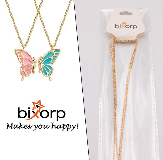 Collier Bixorp Friends BFF pour 2 avec papillons - Rose et Blauw sur cordon doré - Cadeau pour Cheveux / femme / petite amie / Maman / femme - Best Friends pour deux