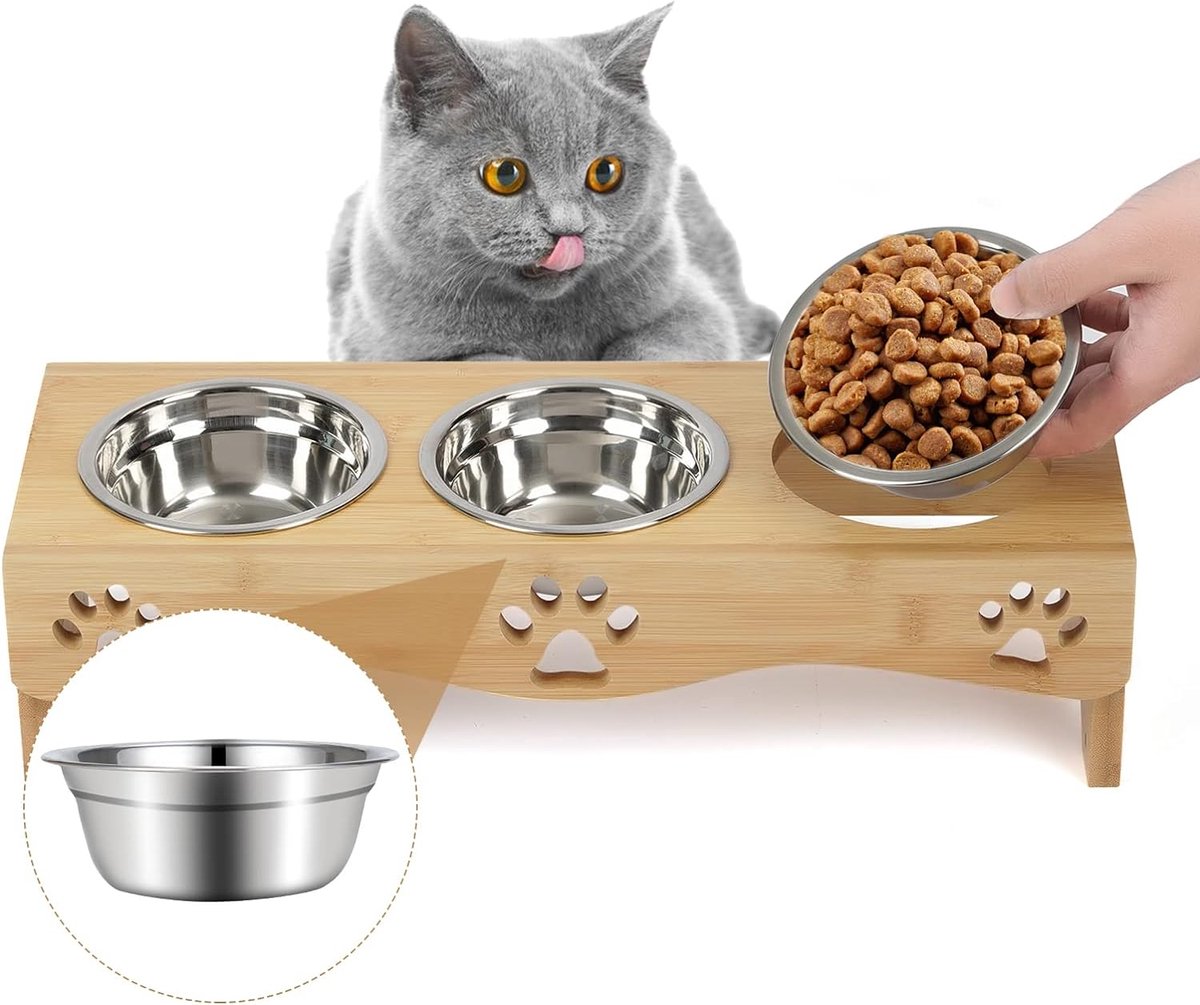 PETLINUS Verhoogd Voedingsstation Voor Katten - Keramische Bakken Op Bamboe Onderstel - Voor Katten En Kleine Honden