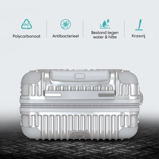 Zilveren polycarbonaat koffer: antibacterieel, water- en hittebestendig, krasvrij.