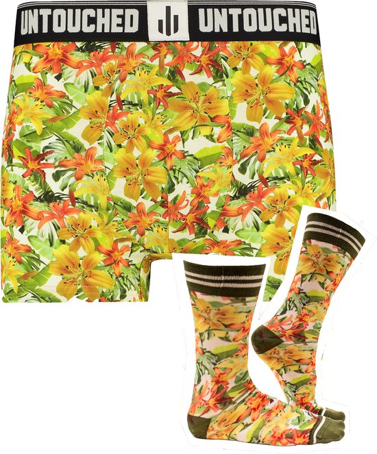 Pack de 2 boxers Untouched Tropical Flower hommes + Chaussettes - 43-46 - M - Cadeaux rigolos - Coffret homme - Conseils cadeaux homme