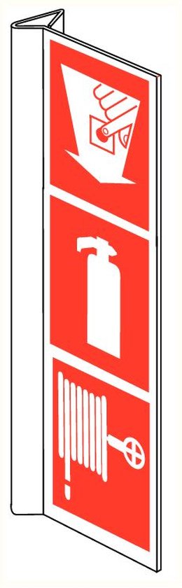 Panneau pictogramme Détecteur d'incendie + Extincteur + Enrouleur d'incendie (15 x 45 cm) - Panneau en plastique (PVC) Coudé
