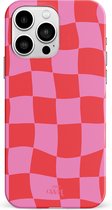 xoxo Wildhearts Drunk In Love - Double Layer - Hoesje geschikt voor iPhone 14 Pro Max hoesje - Blokjes print roze - Shockproof case - Beschermhoesje geschikt voor iPhone 14 Pro Max case - Roze