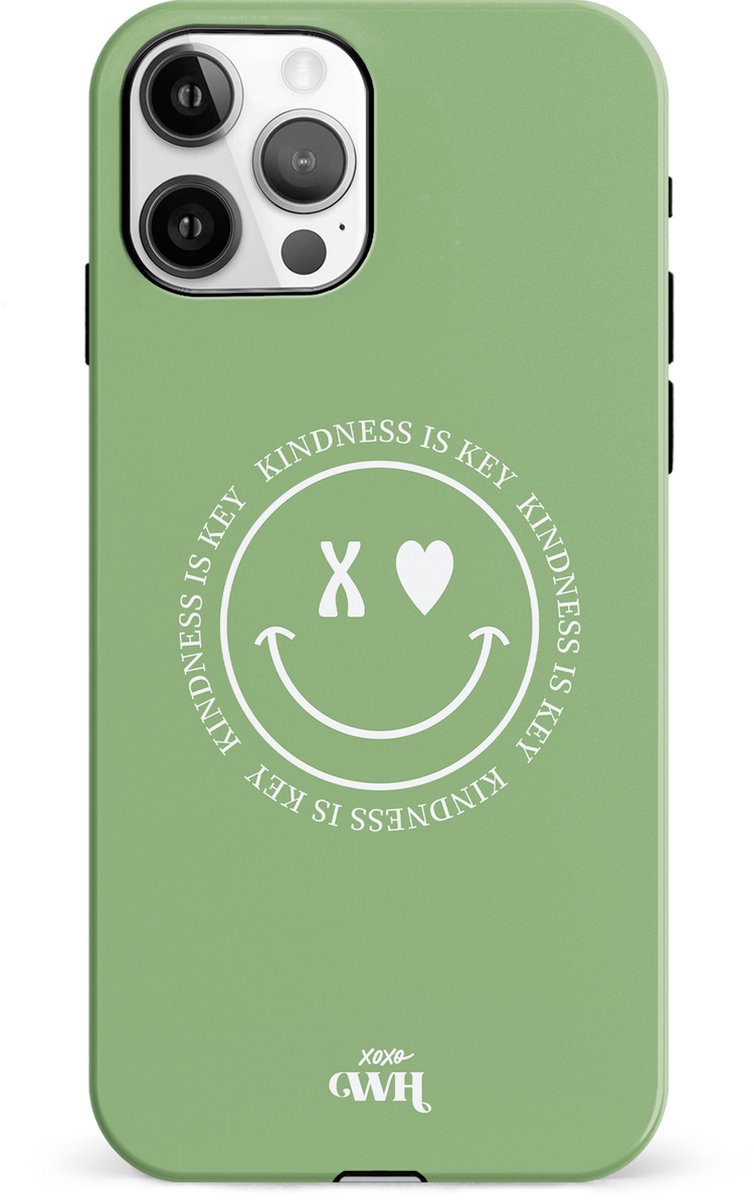 xoxo Wildhearts Kindness Is Key - Double Layer - Smiley case hoesje geschikt voor iPhone 12 Pro Max hoesje - Hoesje met smiley face - Emoji hoesje geschikt voor Apple iPhone 12 Pro Max hoesje - Groen