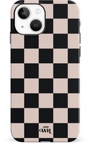 xoxo Wildhearts Block Me Single Layer - Hoesje geschikt voor iPhone 14 Plus hoesje - Blokjes print hoesje geschikt voor iPhone 14 Plus beschermhoes shockproof case - geblokt - Uniek hoesje met blokjes - zwart / beige