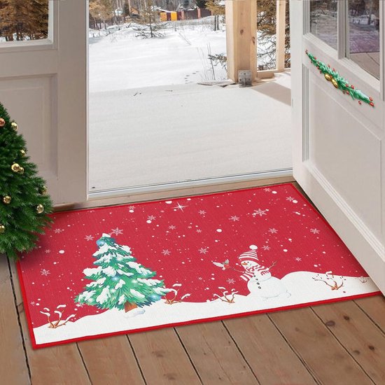 Wasbare Deurmat Welkom Deurmat met Bedrukte Kerstboom en Sneeuwpop Decoratieve Deurmat Outdoor Deurmat Antislip Rubberen Achterkant Rood 50 x 80 cm