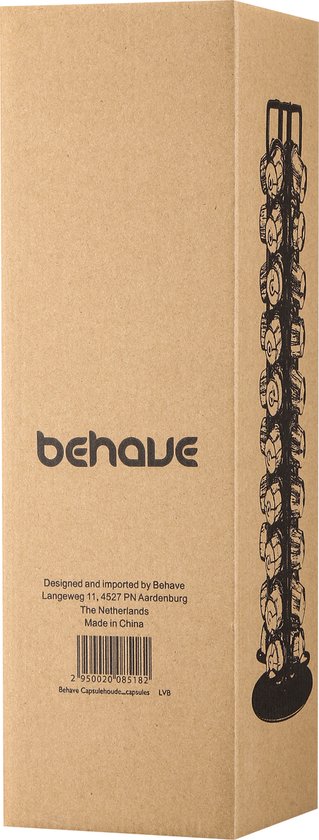 Kartonnen verpakking van de Behave capsulehouder met merknaam en productinformatie.