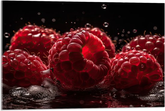 Acrylglas - Frambozen - Fruit - Rood - Water - Druppels - 75x50 cm Foto op Acrylglas (Met Ophangsysteem)