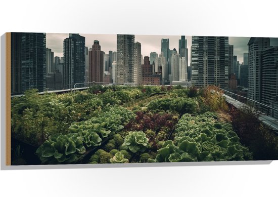 Hout - Stad - Gebouwen - Planten - Groen - 100x50 cm - 9 mm dik - Foto op Hout (Met Ophangsysteem)