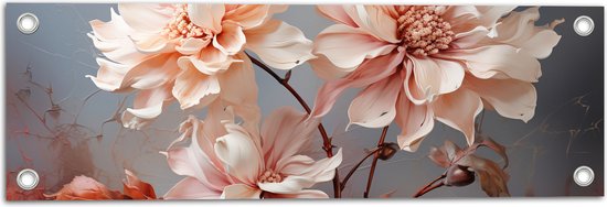 Tuinposter – Schilderij - Bloemen - Bladeren - Roze - Wit - 60x20 cm Foto op Tuinposter (wanddecoratie voor buiten en binnen)