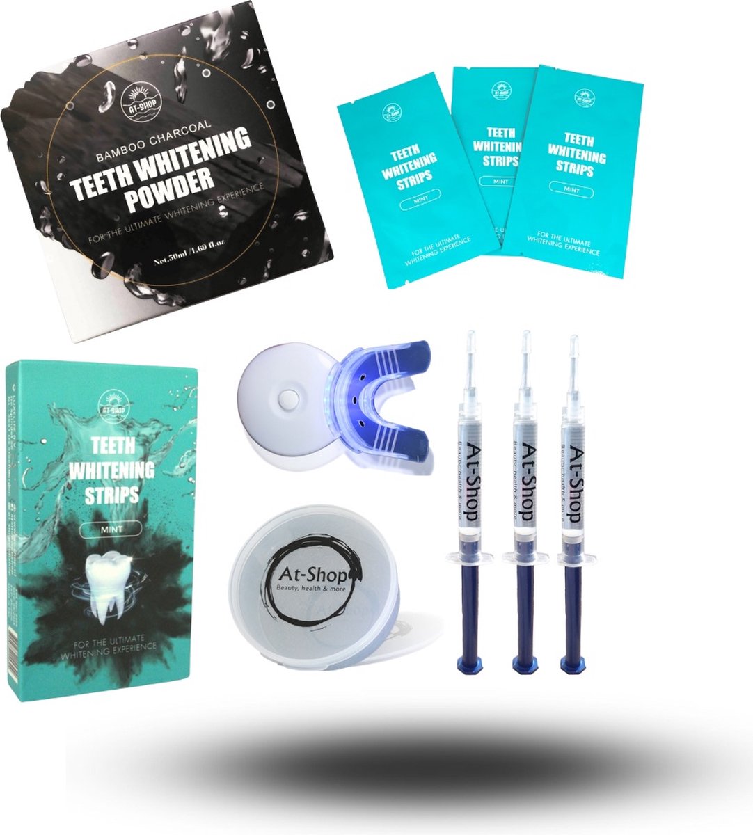 Teeth whitening kit - Zonder peroxide - met handleiding en ebook - Tandenbleekset - LED AT-Shop Tanden bleken - Inclusief whitening strips + Whitening Powder Tanden bleekstrips - 100% natuurlijk & peroxidevrij