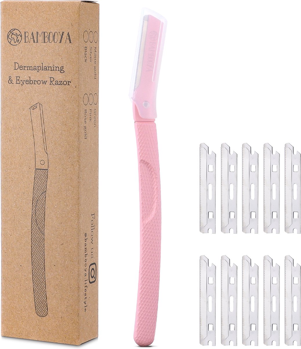 Bambooya Dermaplaning Razor voor Wenkbrauwen & Gezicht - Epileren - Veilig Mesje - Set van 10 Mesjes + Beschermkapje - Pink
