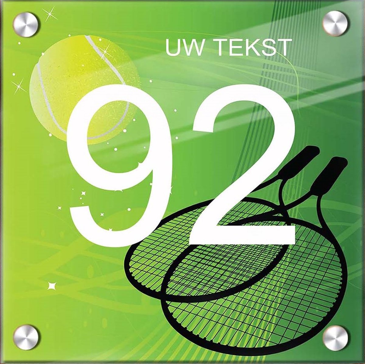 Huisnummer naambord plexiglas 15x15x0,5cm Tennis design - met naam bedrukken Huisnummerbordjes, Naambordje voordeur, naamplaatje voordeur, huisnummer bord, huisnummer borden