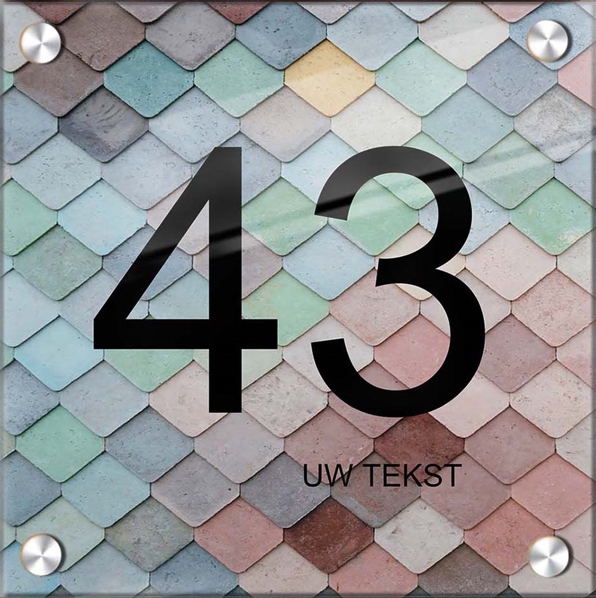 Huisnummer naambord plexiglas 15x15x0,5cm Tegel design - met naam bedrukken Huisnummerbordjes, Naambordje voordeur, naamplaatje voordeur, huisnummer bord, huisnummer borden