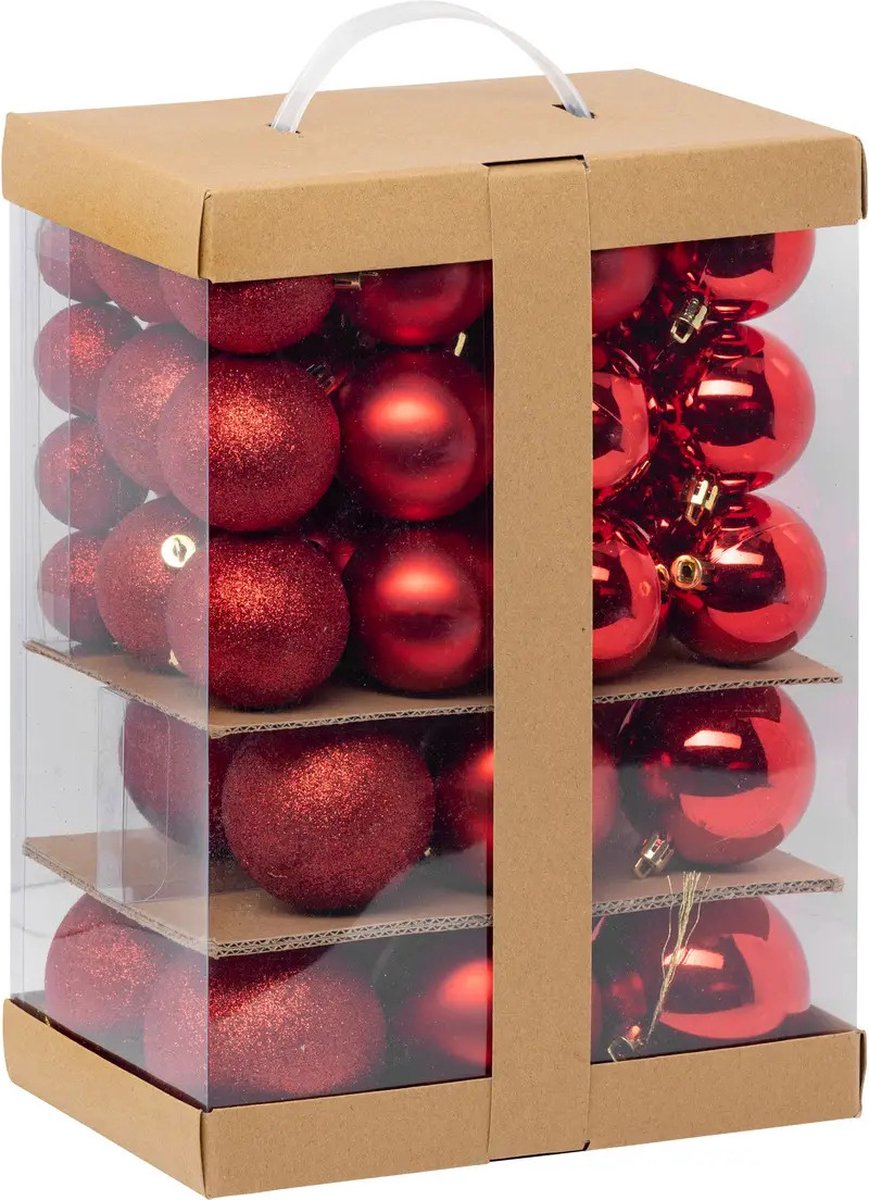 Feeric Kerstballen - 60ST - 4, 6, 7 en 8 cm - rood - kunststof - kerstballenpakket