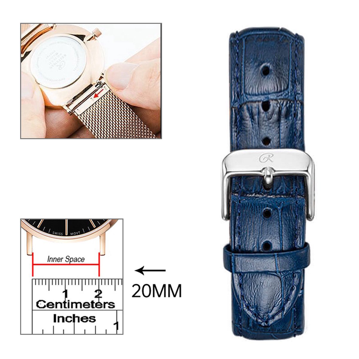 20mm Universele leather Strap dark blue-silver - Quick Release - Past op Alle Merken met 20mm Aanzetmaat