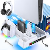 Equivera Geschikt voor Playstation 5 Standaard & Oplaadstation Met Ventilator - 4 USB poorts - Oplader Controller Geschikt voor PS5 - Geschikt voor PS5 Accessoires - Controller Geschikt voor PS5 - Geschikt voor Playstation 5 - Wit
