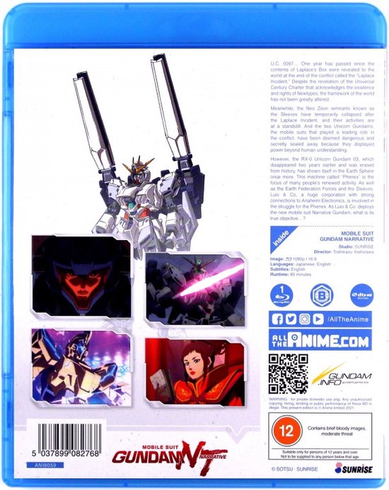 Achterkant van de "Mobile Suit Gundam Narrative" Blu-ray met robot-afbeeldingen en tekst.