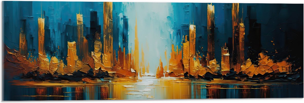 Acrylglas - Schilderij - Verf - Blauw - Geel - 90x30 cm Foto op Acrylglas (Wanddecoratie o